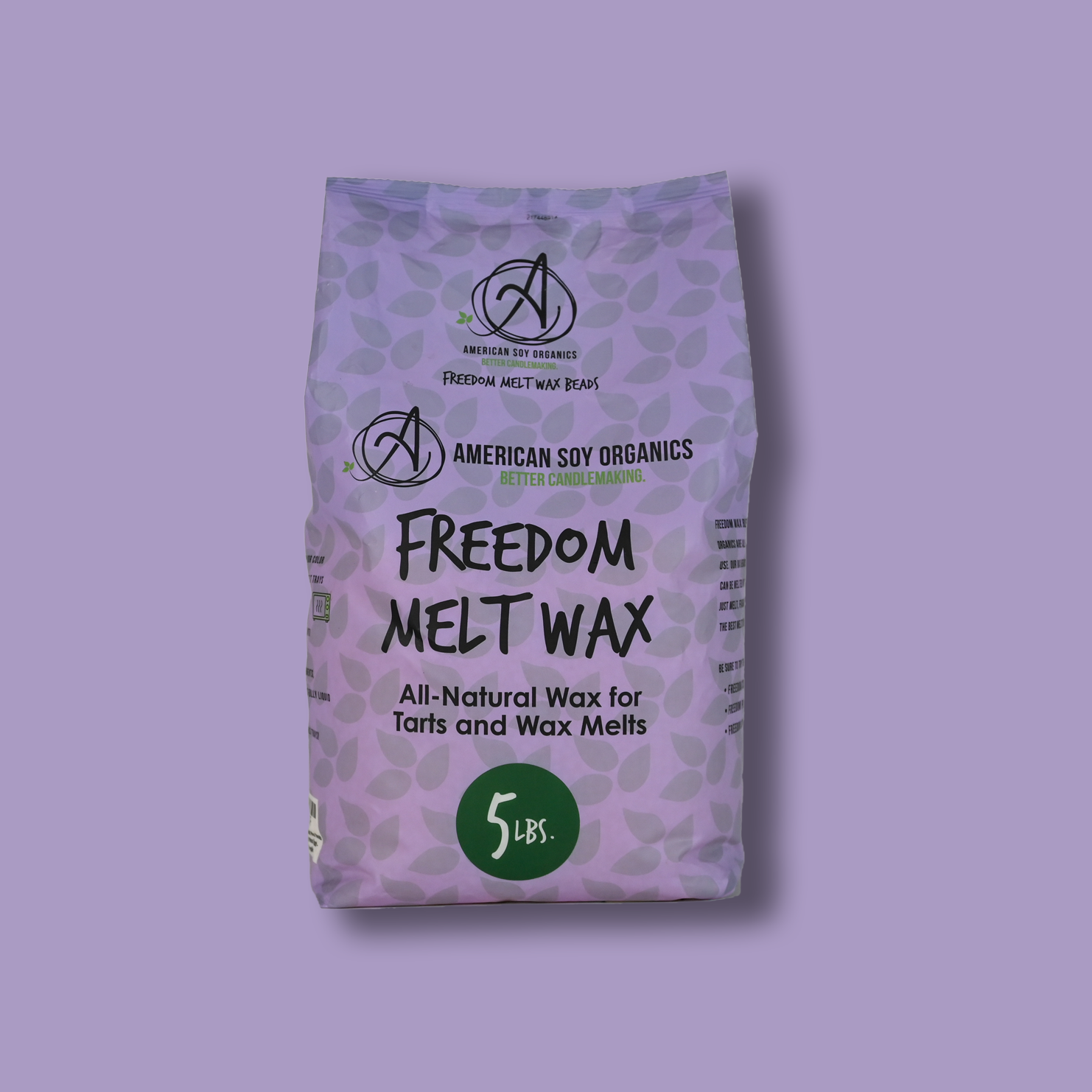 Purple 5 lb. bag of American Soy Organics Freedom Melt Wax on a purple background