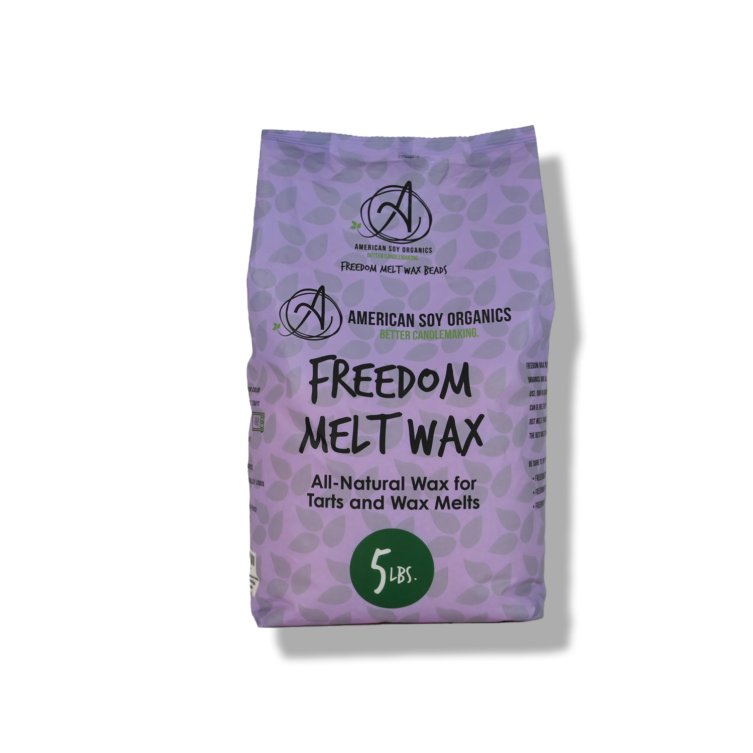 5 lbs. purple bag of American Soy Organics Freedom Melt Wax on a white background