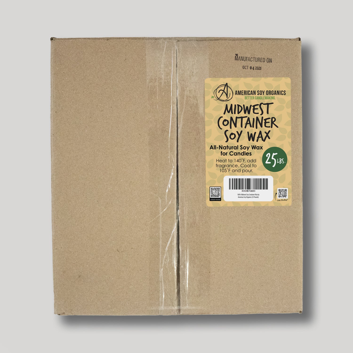 Cardboard box with a yellow label for 25 lbs. of Midwest Container Soy Wax on a white background
