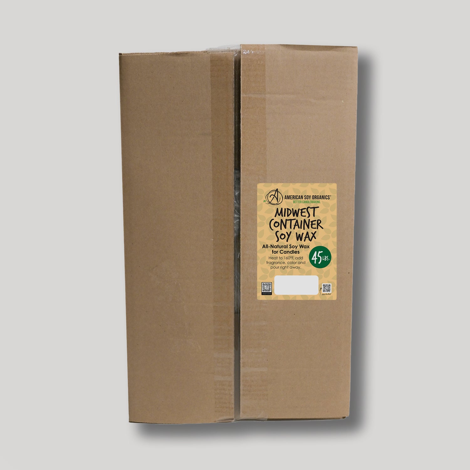 Cardboard box with a yellow label for 45 lbs. of Midwest Container Soy Wax on a white background