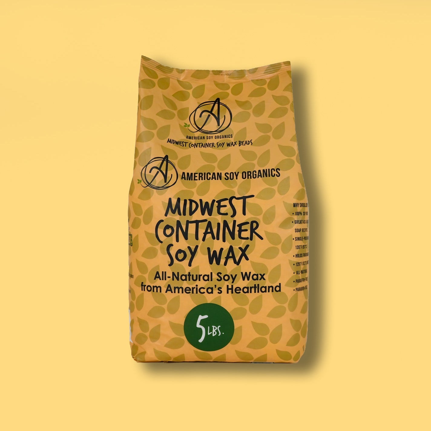 Yellow 5 lb. bag of American Soy Organics Midwest Container Soy Wax on a yellow background