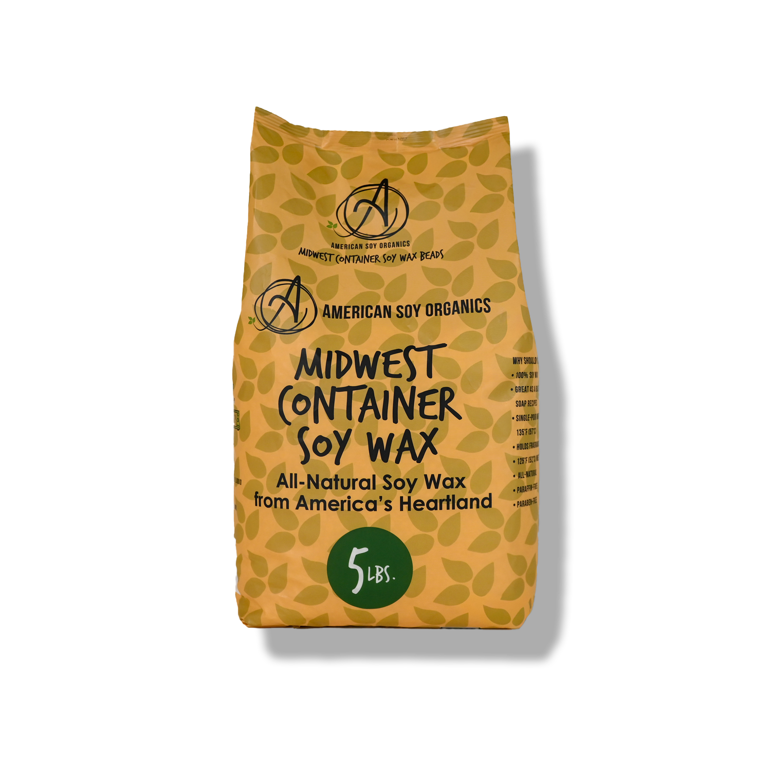 5 lbs. yellow bag of Midwest Container Soy Wax with brand logo and text on a white background