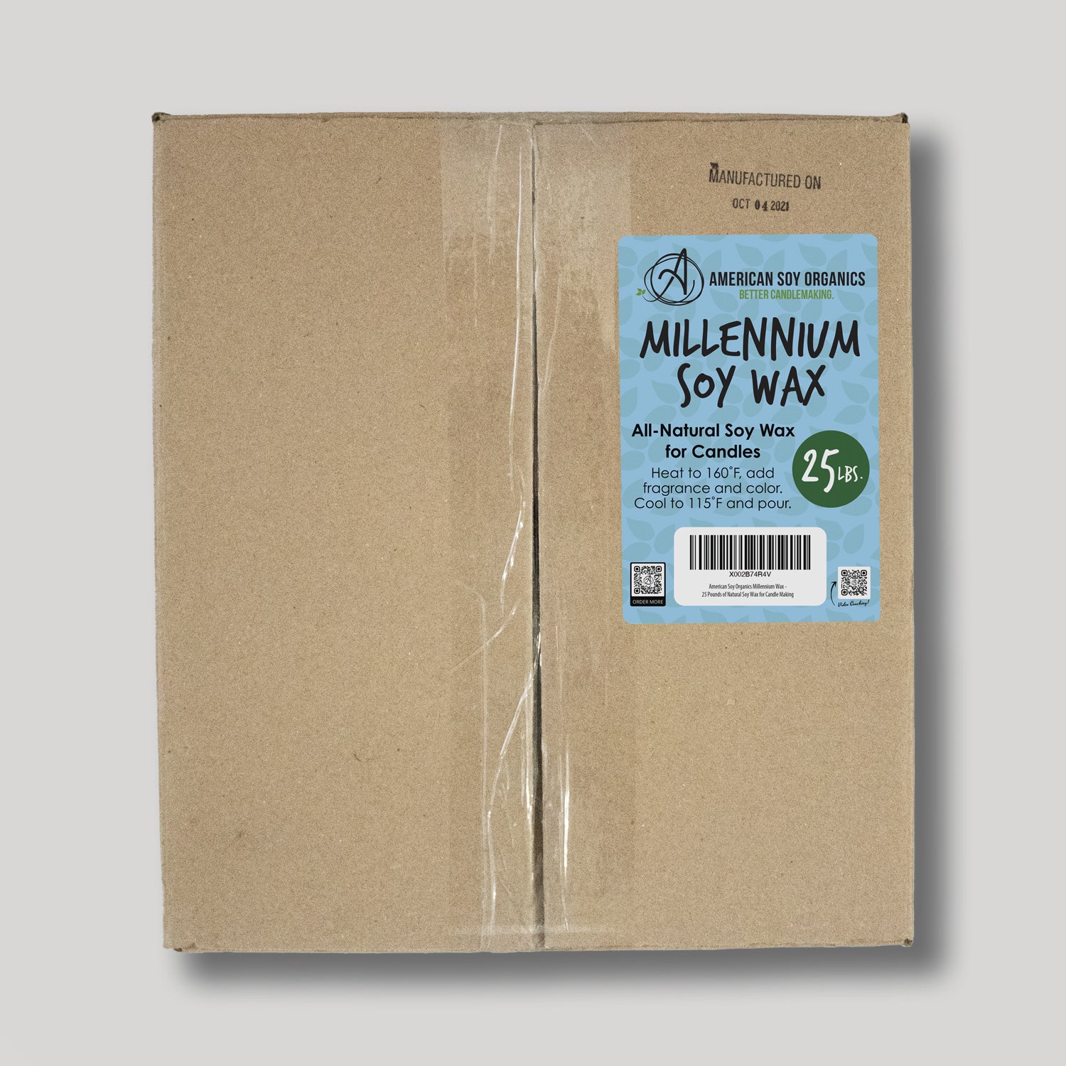 Cardboard box with a blue label for 25 lbs. of Millennium Soy Wax on a white background