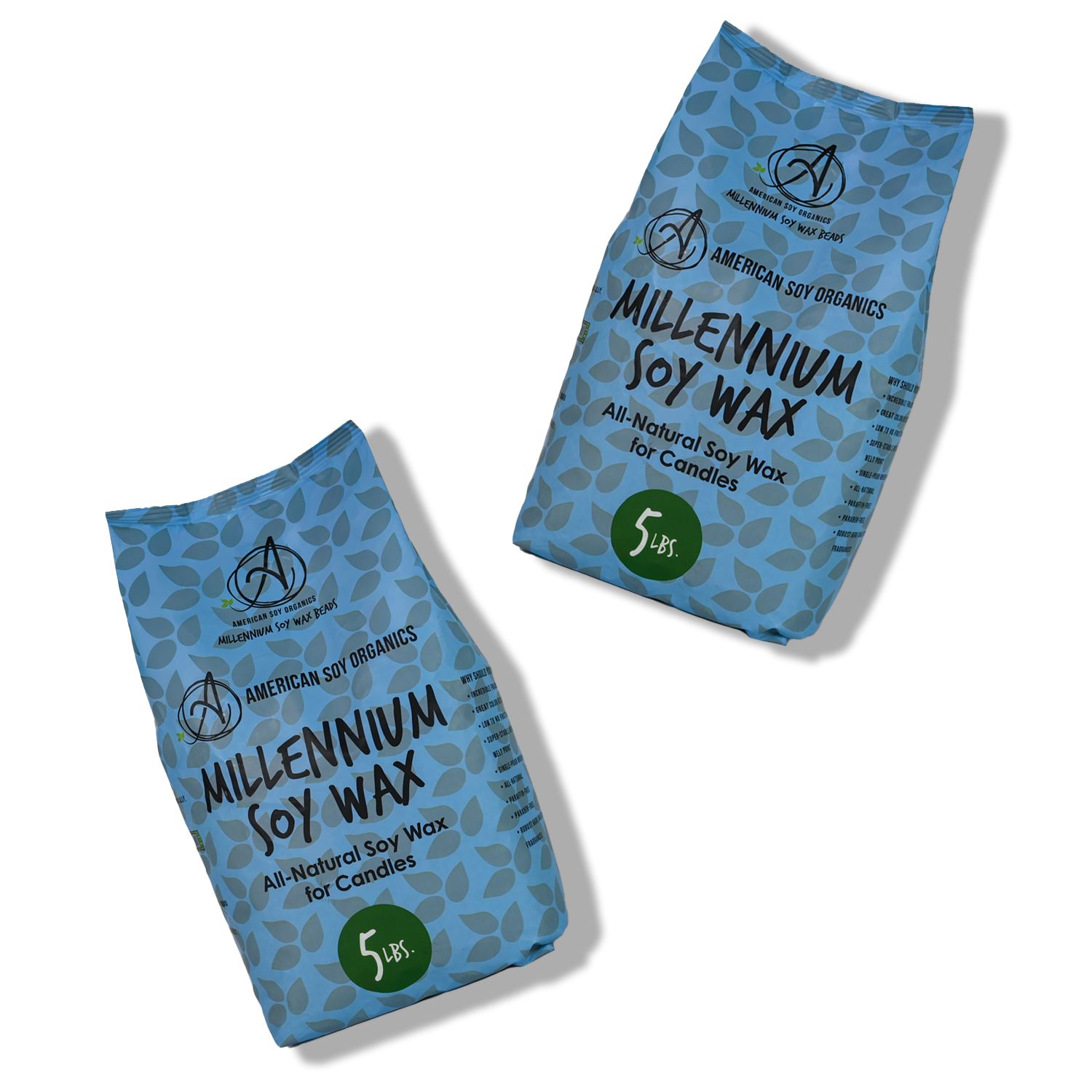 Two blue 5 lb. packages of Millennium Soy Wax on a white background