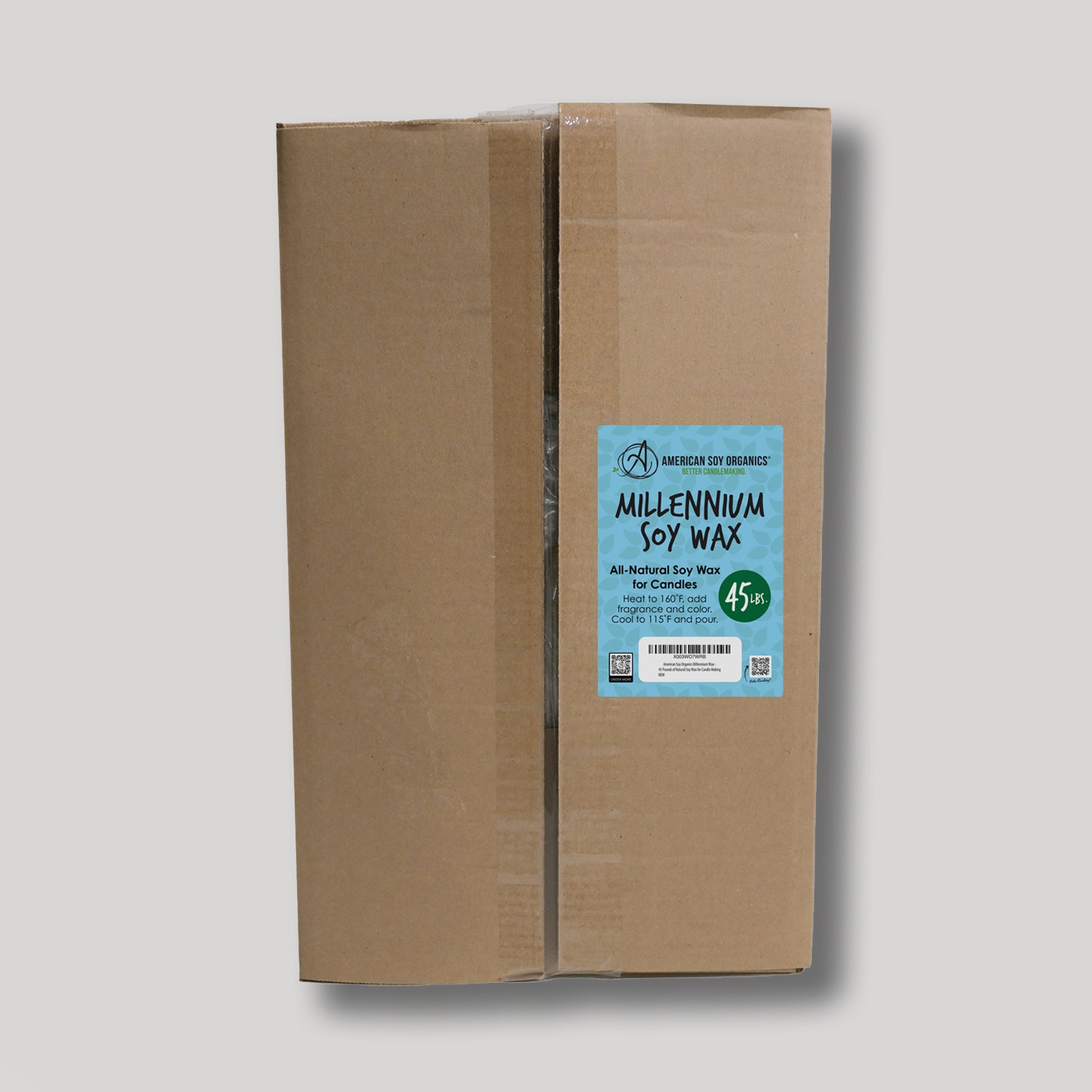 Cardboard box with a blue label for 45 lbs. of Millennium Soy Wax on a white background
