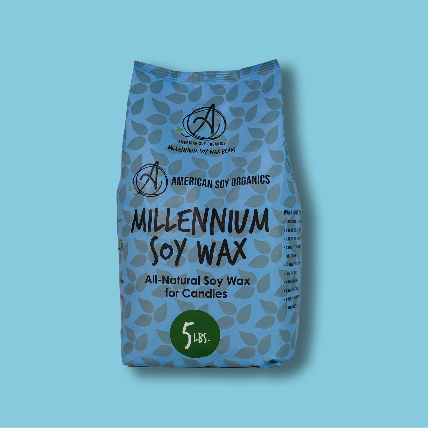Blue 5 lb. bag of American Soy Organics Millennium Soy Wax on a blue background