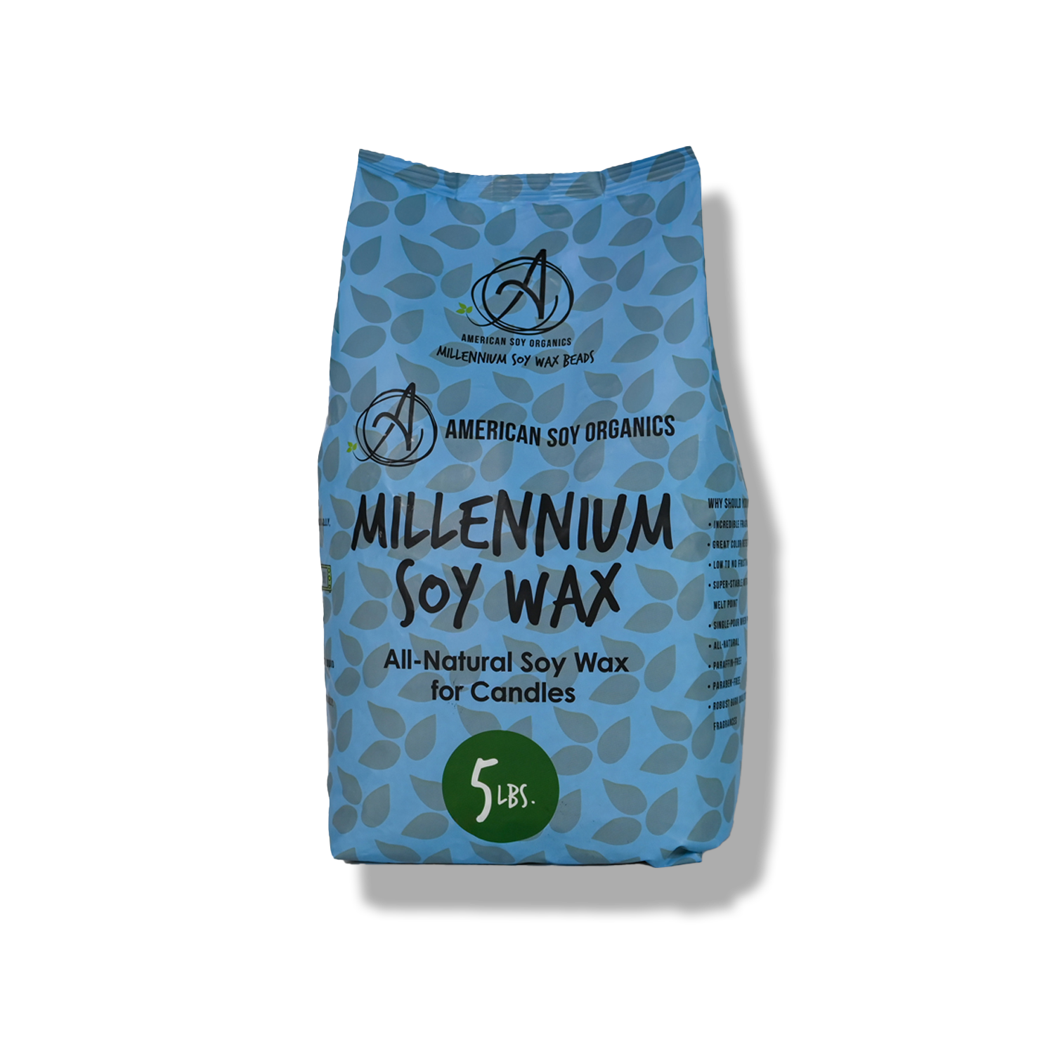5 lbs. blue bag of Millennium Soy Wax with brand logo on a white background