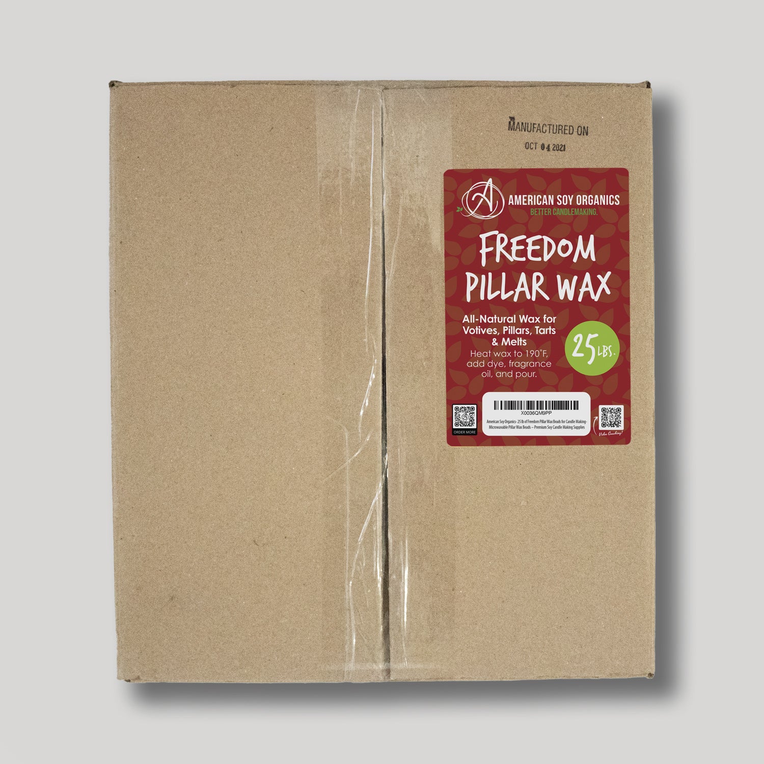 Cardboard box with a red label for 25 lbs. of Freedom Pillar Wax on a white background