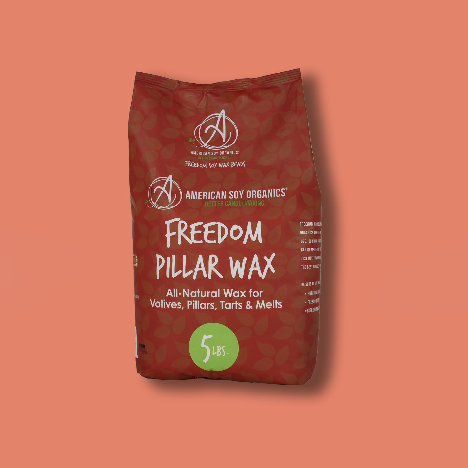 Red 5 lb. bag of American Soy Organics Freedom Pillar Wax on a coral background