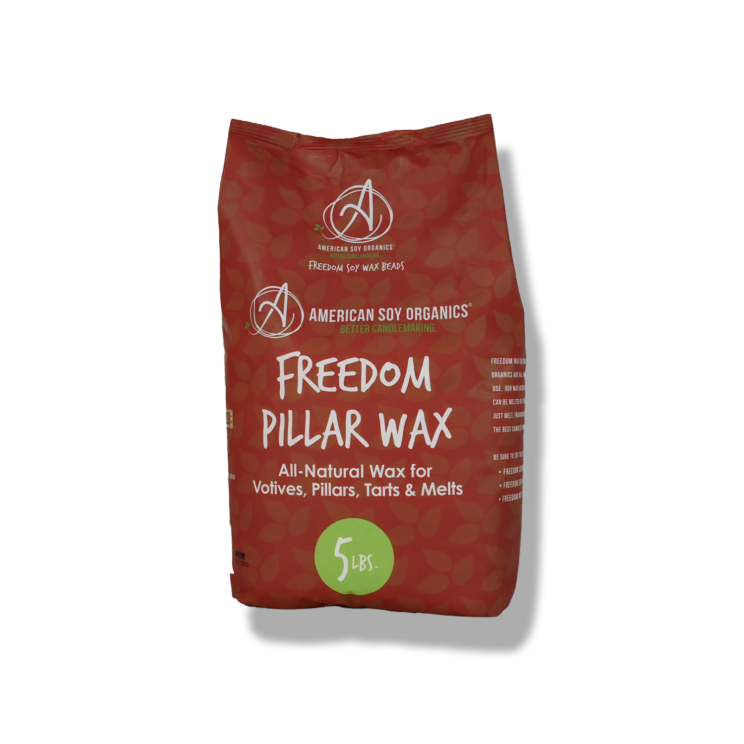 5 lbs. red bag of American Soy Organics Freedom Pillar Wax on a white background