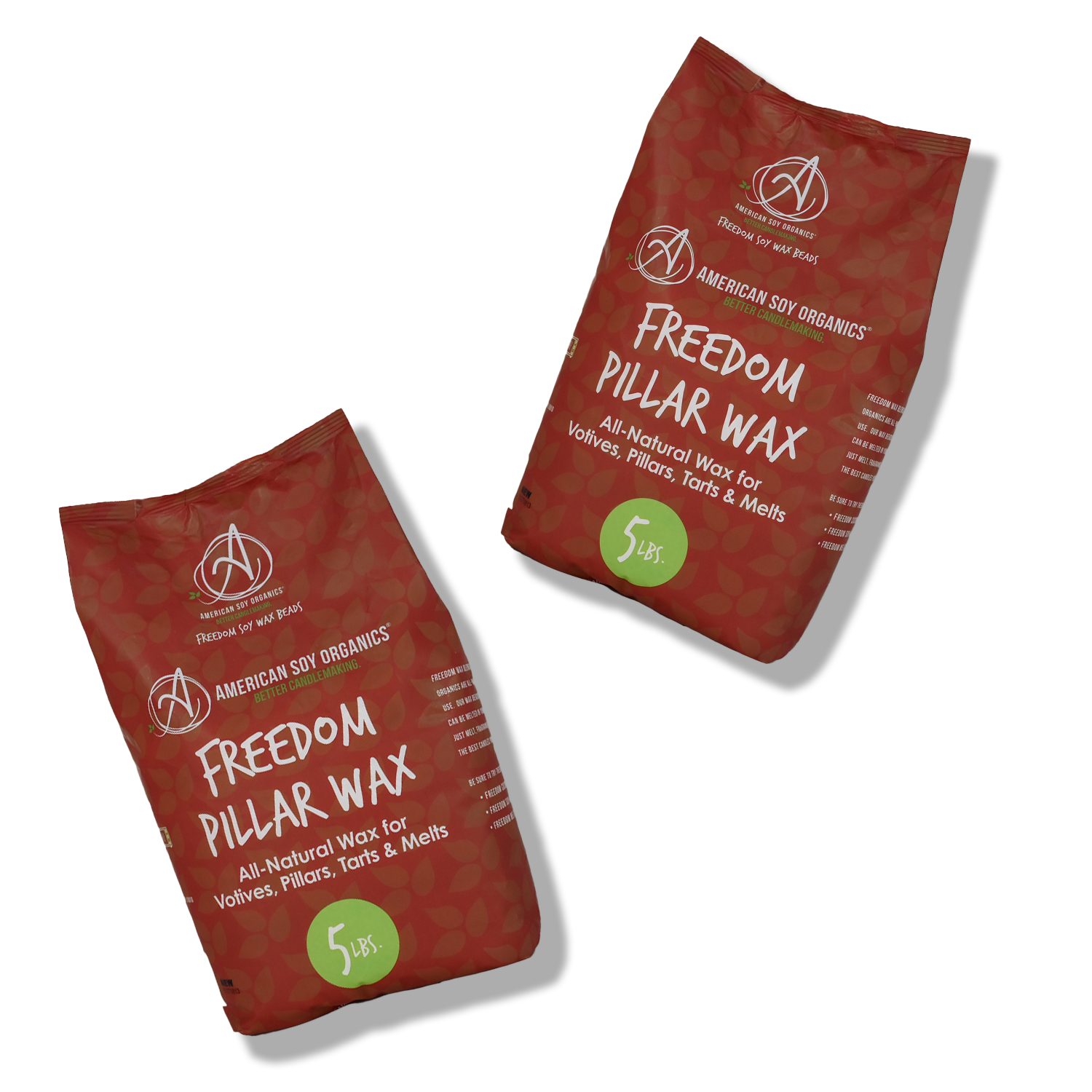 Two red 5 lb. packages of American Soy Organics Freedom Pillar Wax on a white background