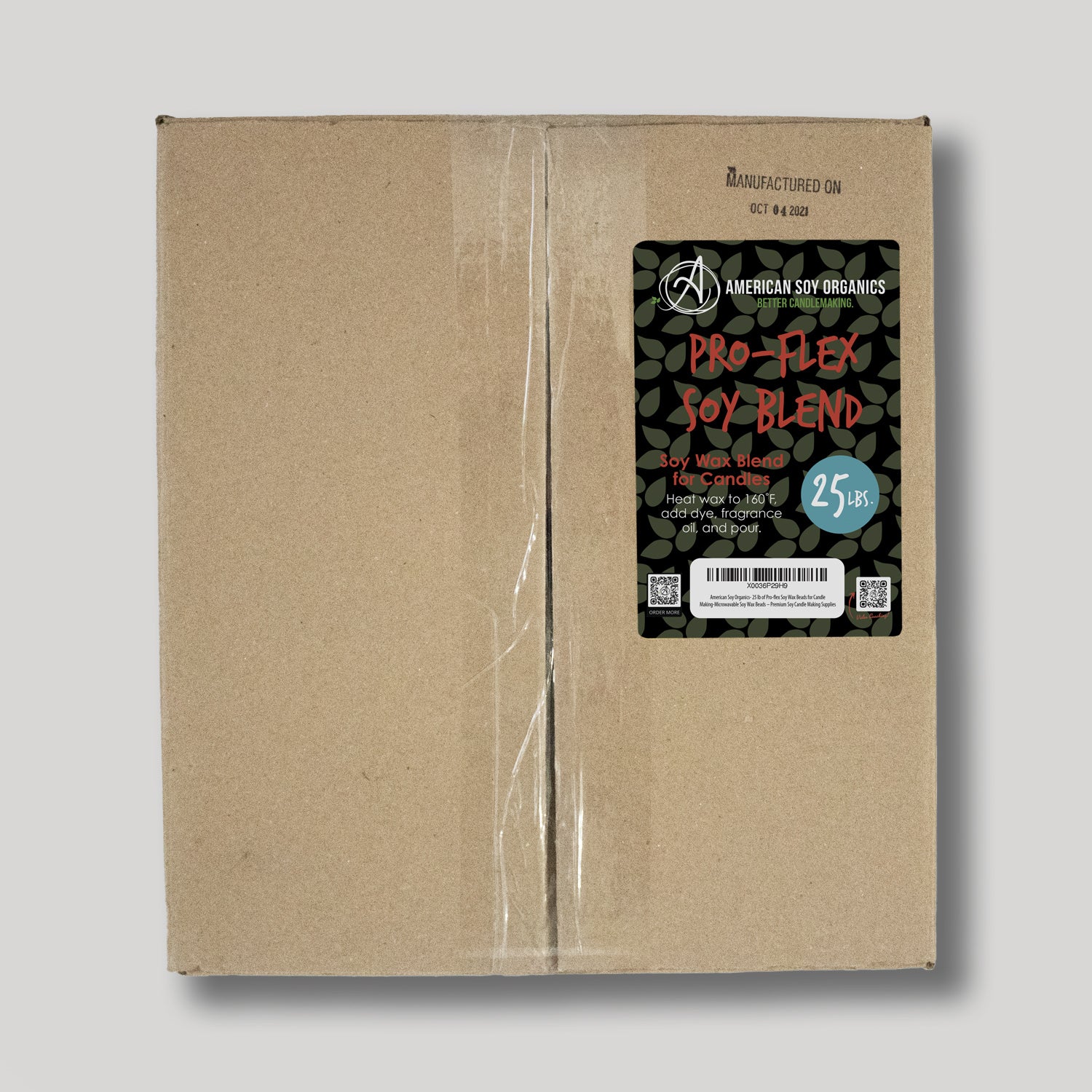 Cardboard box with a black label for 25 lbs. of Pro-Flex Soy Blend Wax on a white background