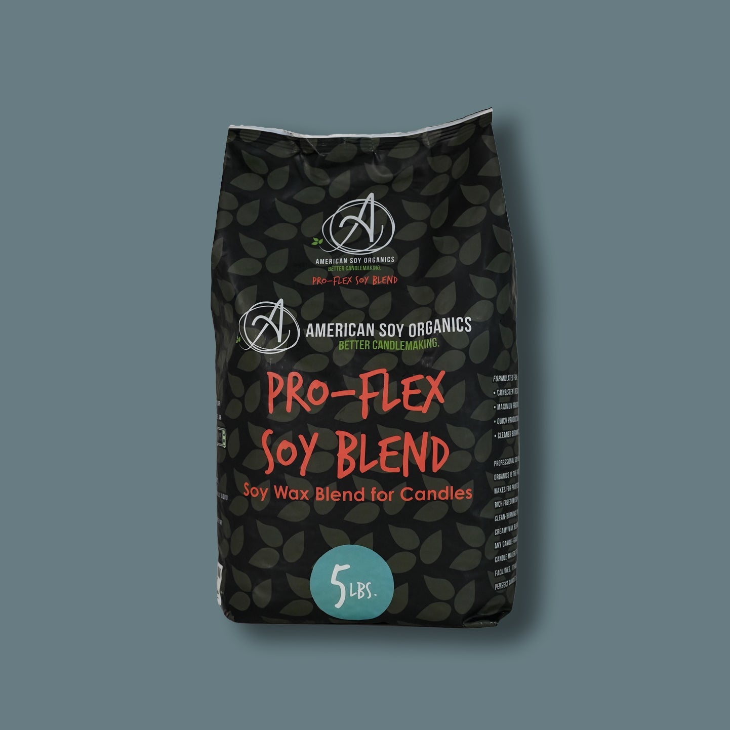 Black 5 lb. bag of Pro-Flex Soy Blend candle wax on a blue gray background