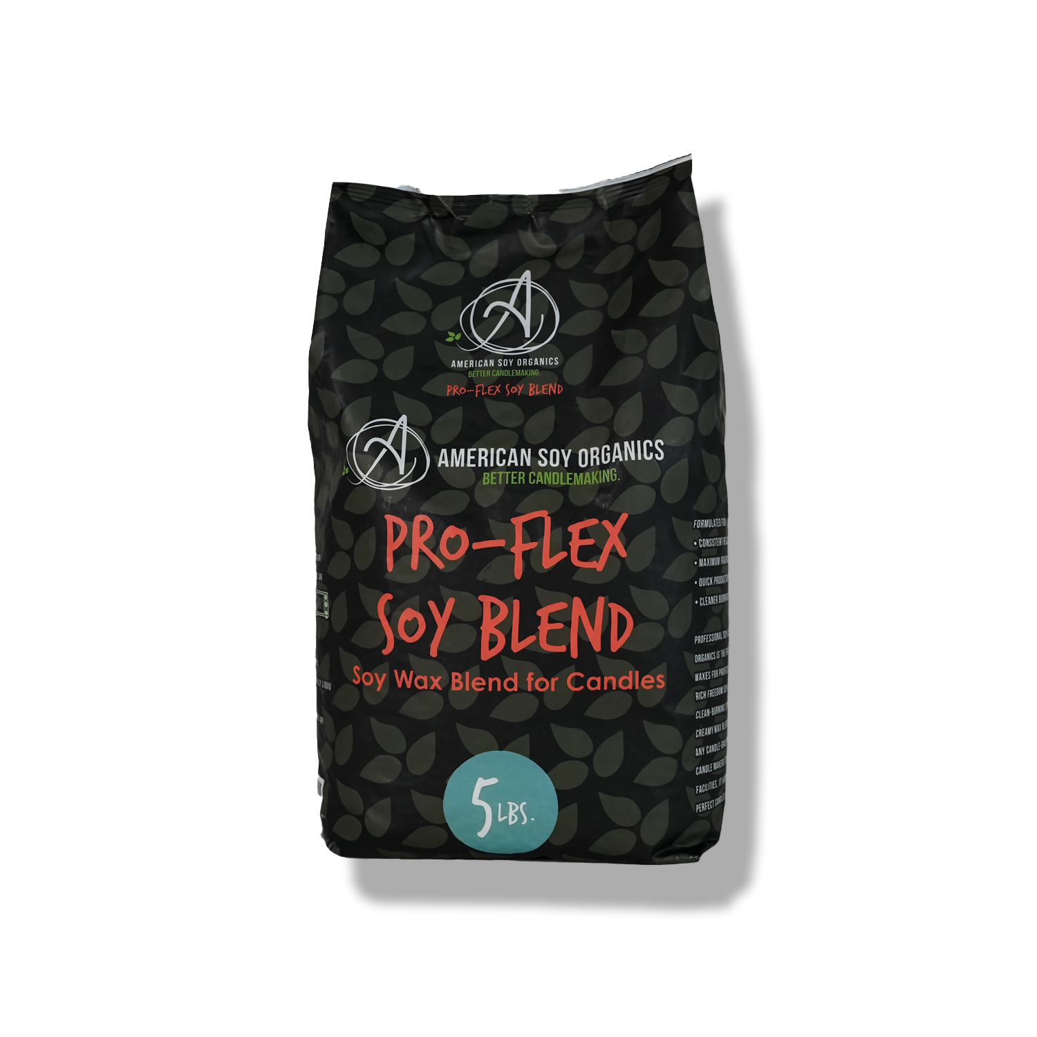 5 lbs. black bag of Pro-Flex Soy Blend wax for candles by American Soy Organics on a white background