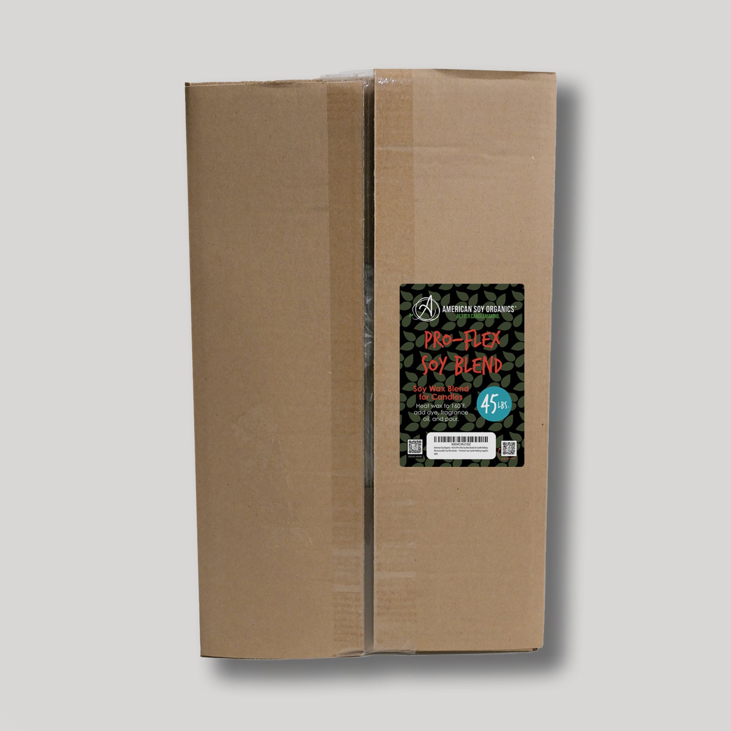 Cardboard box with a black label for 45 lbs. of Pro-Flex Soy Blend Wax on a white background