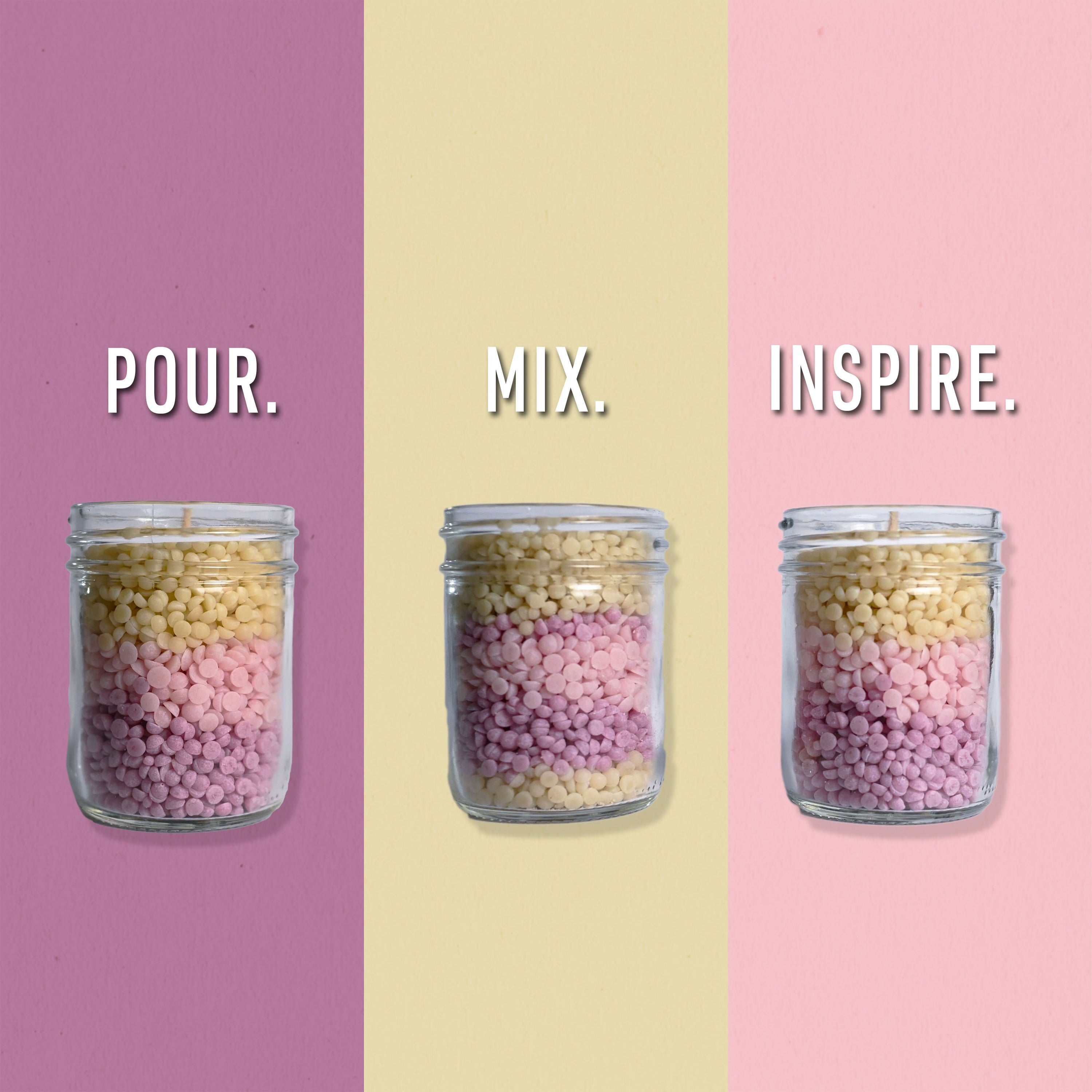 Three jars with colorful wax beads on a two-tone pink and yellow background with 'Pour.', 'Mix.', and 'Inspire.' text.
