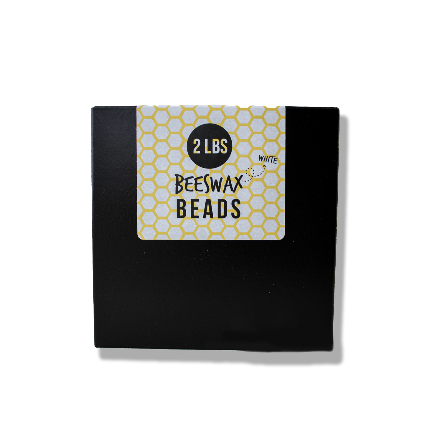 Black box with a label indicating '2 LBS Beeswax Beads' on a white background