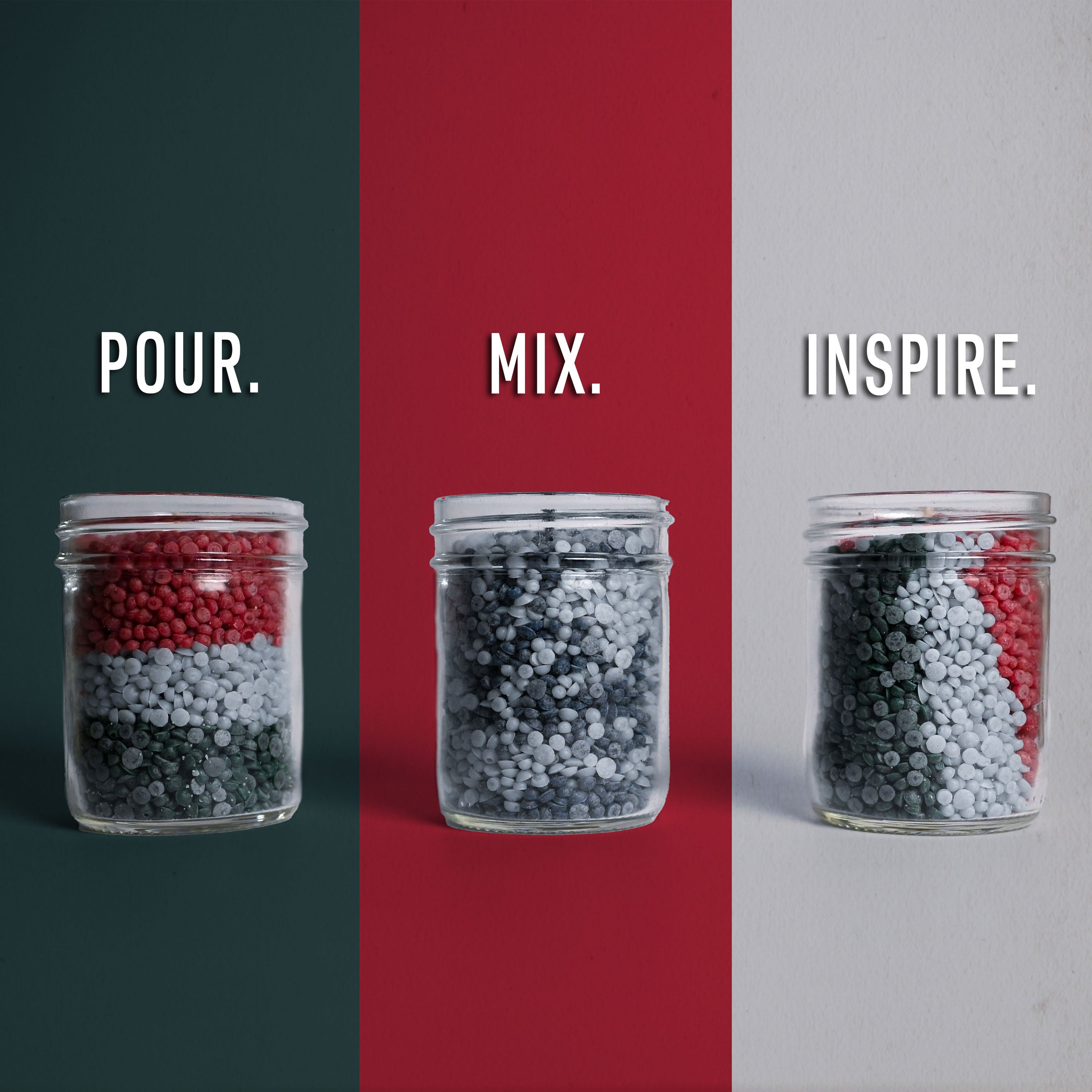 Three jars with colorful wax beads on a divided background with text 'Pour.', 'Mix.', and 'Inspire.'