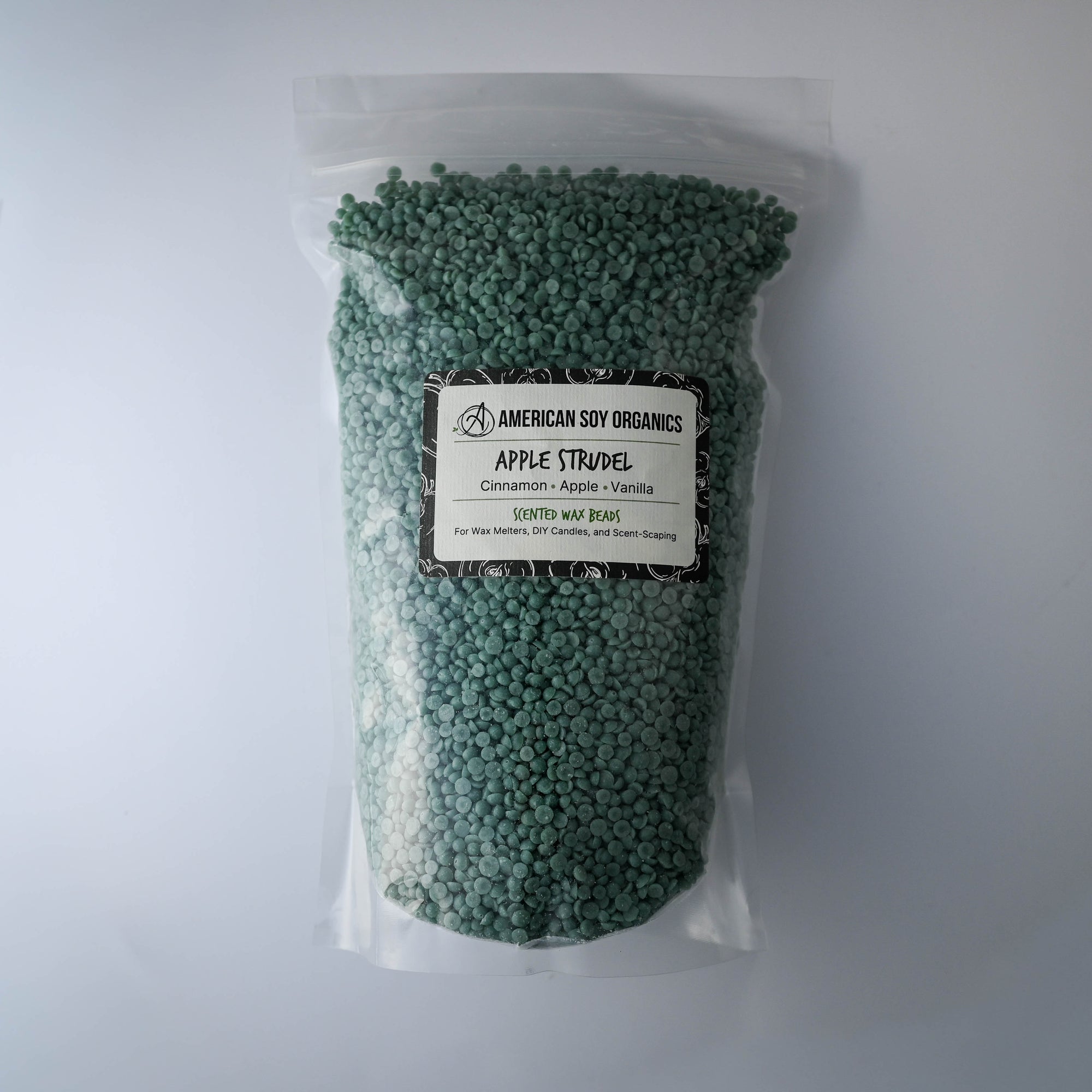 Bag of Apple Strudel American Soy Organics scented wax beads on a white background