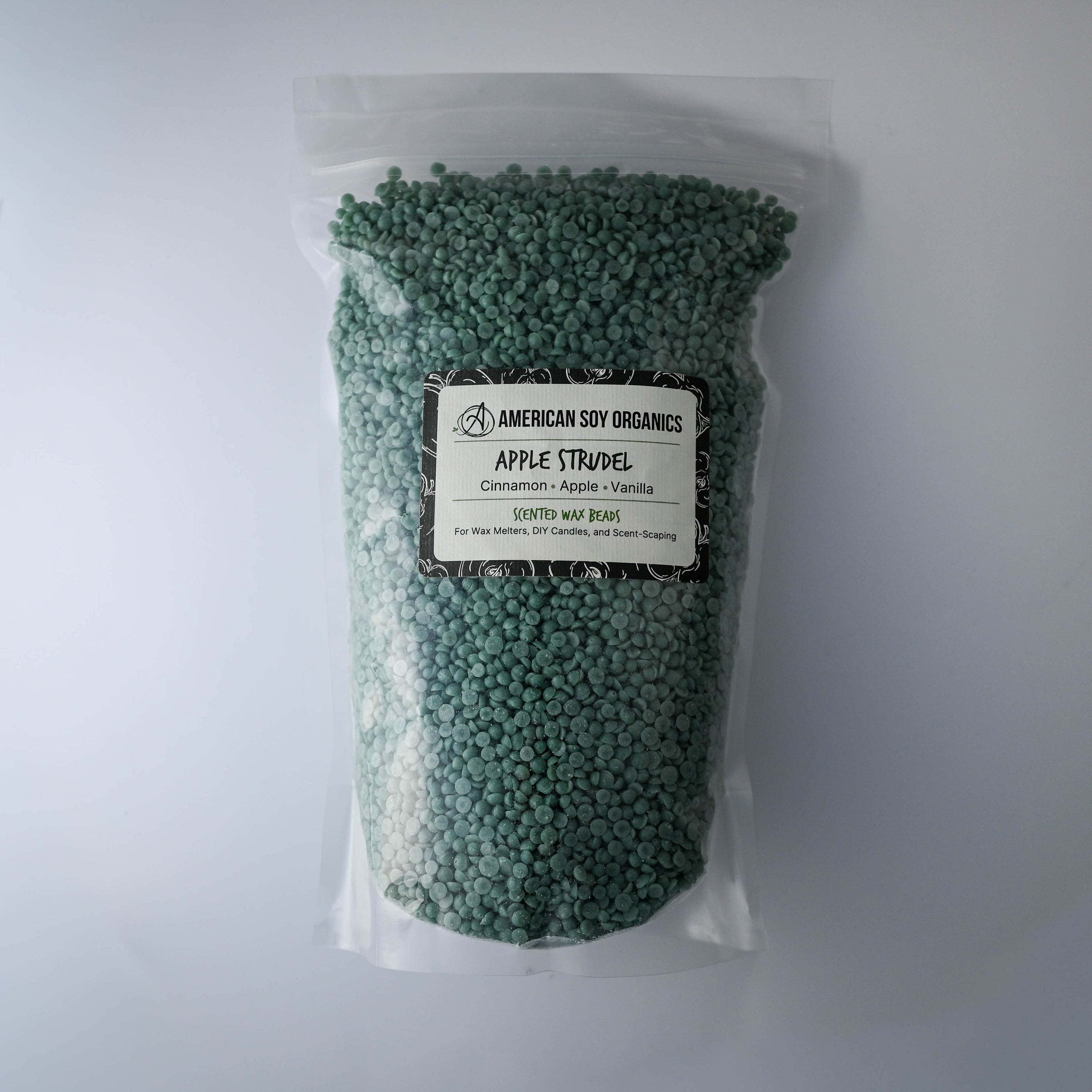 Bag of Apple Strudel American Soy Organics scented wax beads on a white background