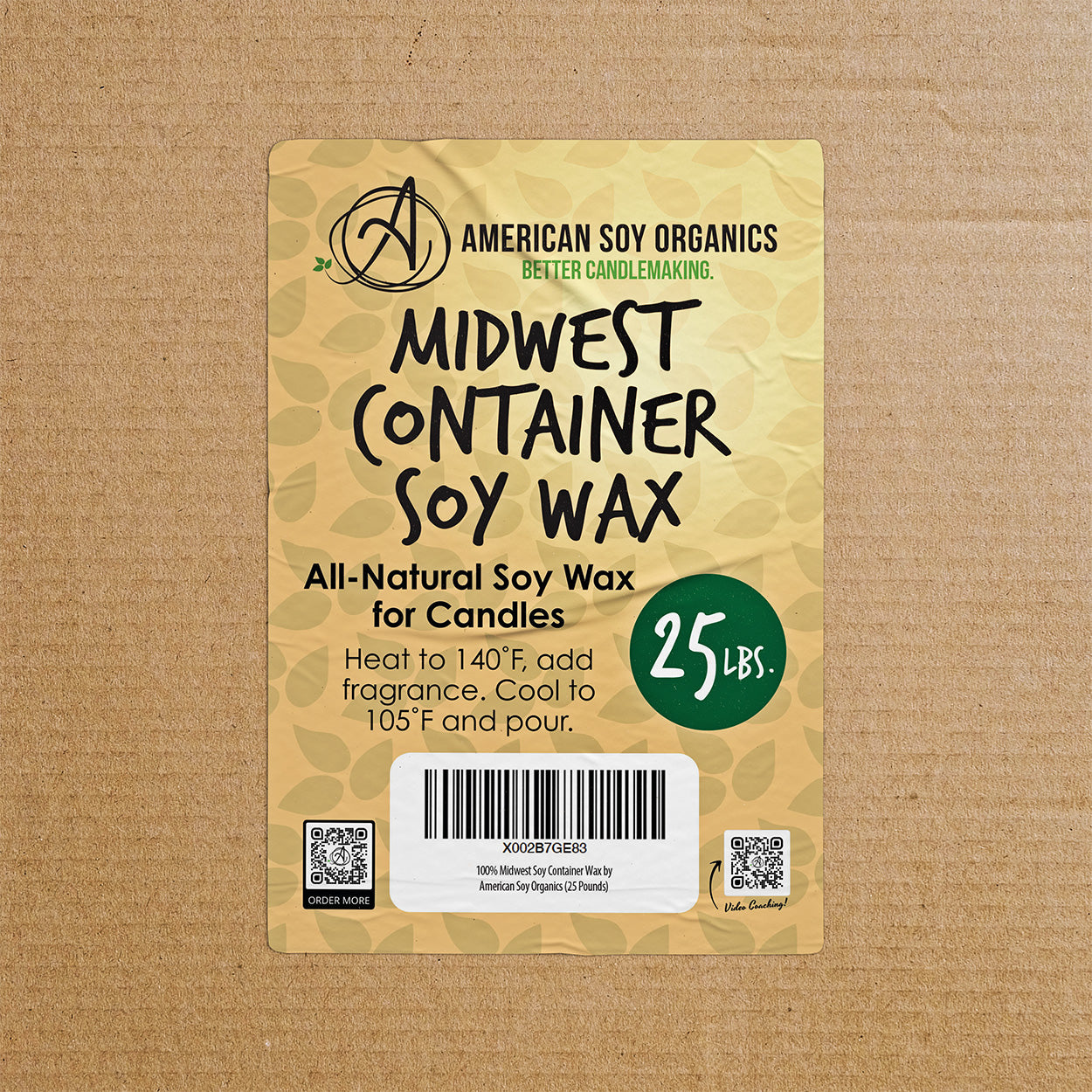 American Soy Organics Midwest Container Soy Wax packaging on a cardboard background