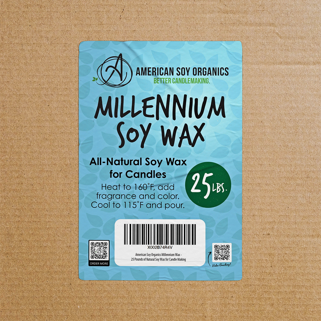American Soy Organics Millennium Soy Wax packaging on a cardboard background