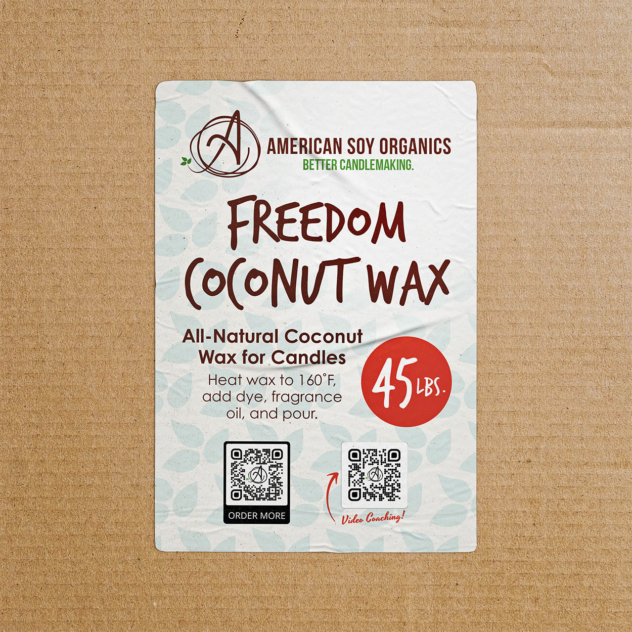 Package of American Soy Organics Freedom Coconut Wax on a brown background