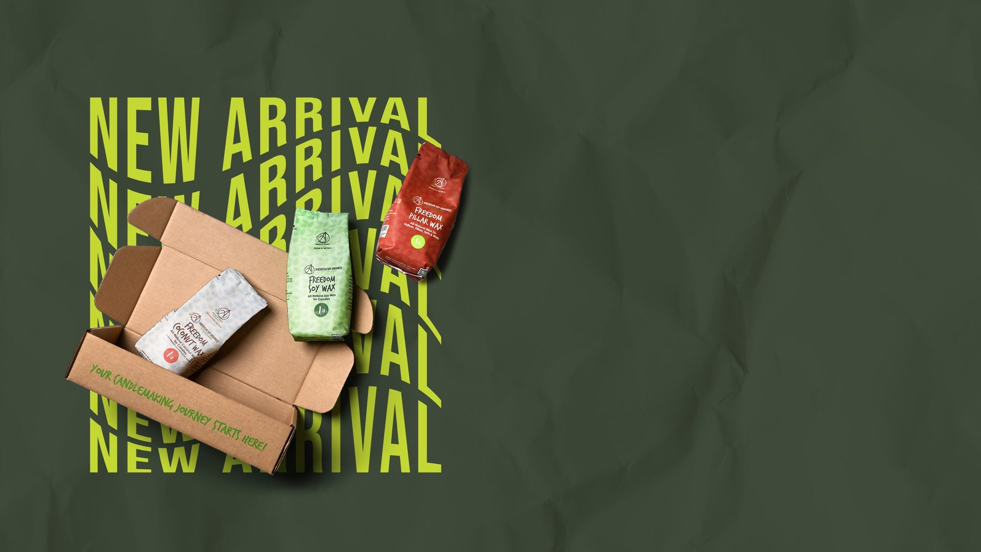 Packaged products on a dark green background with 'New Arrival' text.