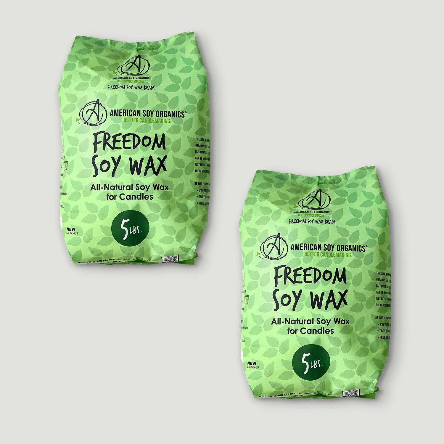 Two packages of American Soy Organics Freedom Soy Wax on a light gray background