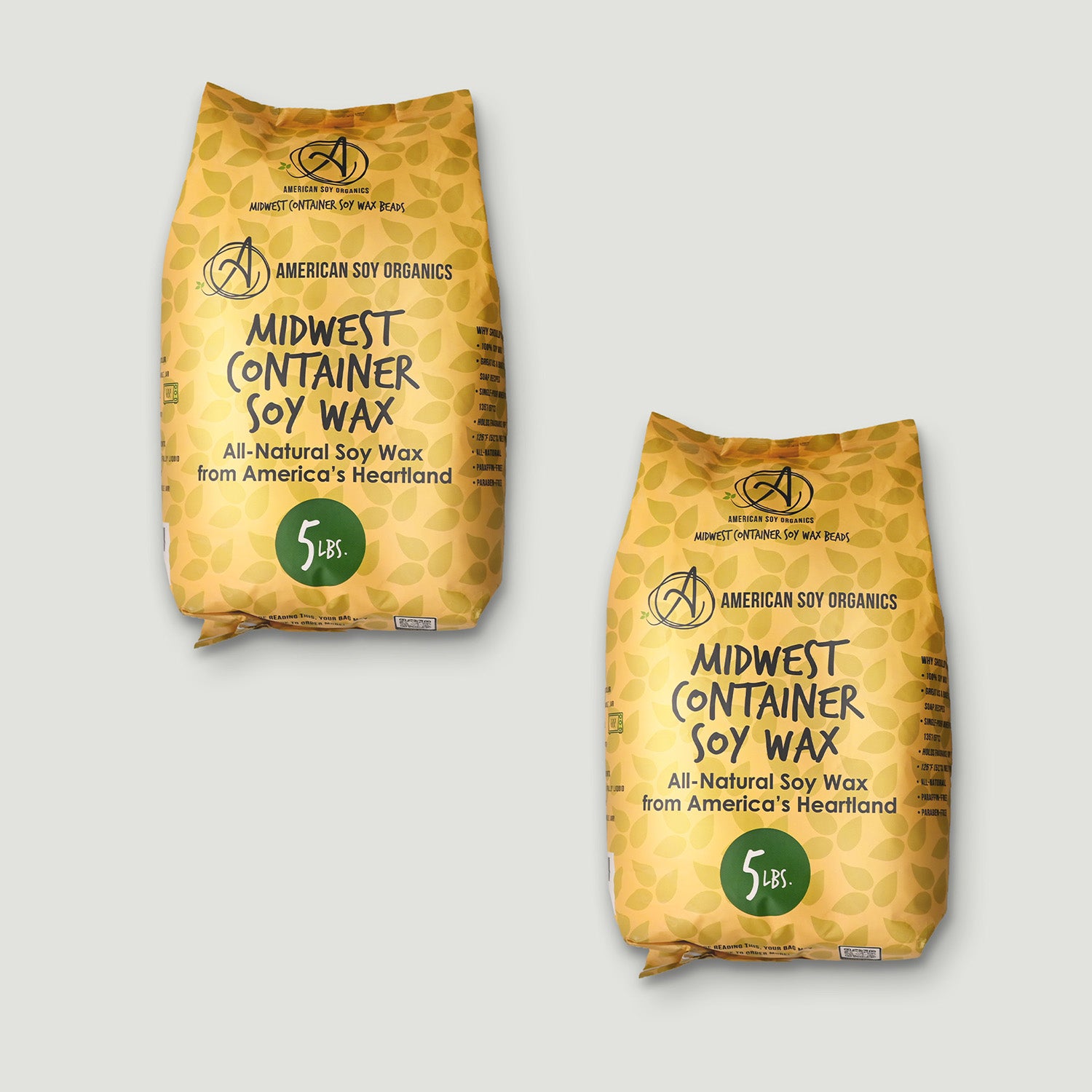 Two bags of Midwest Container Soy Wax on a light gray background
