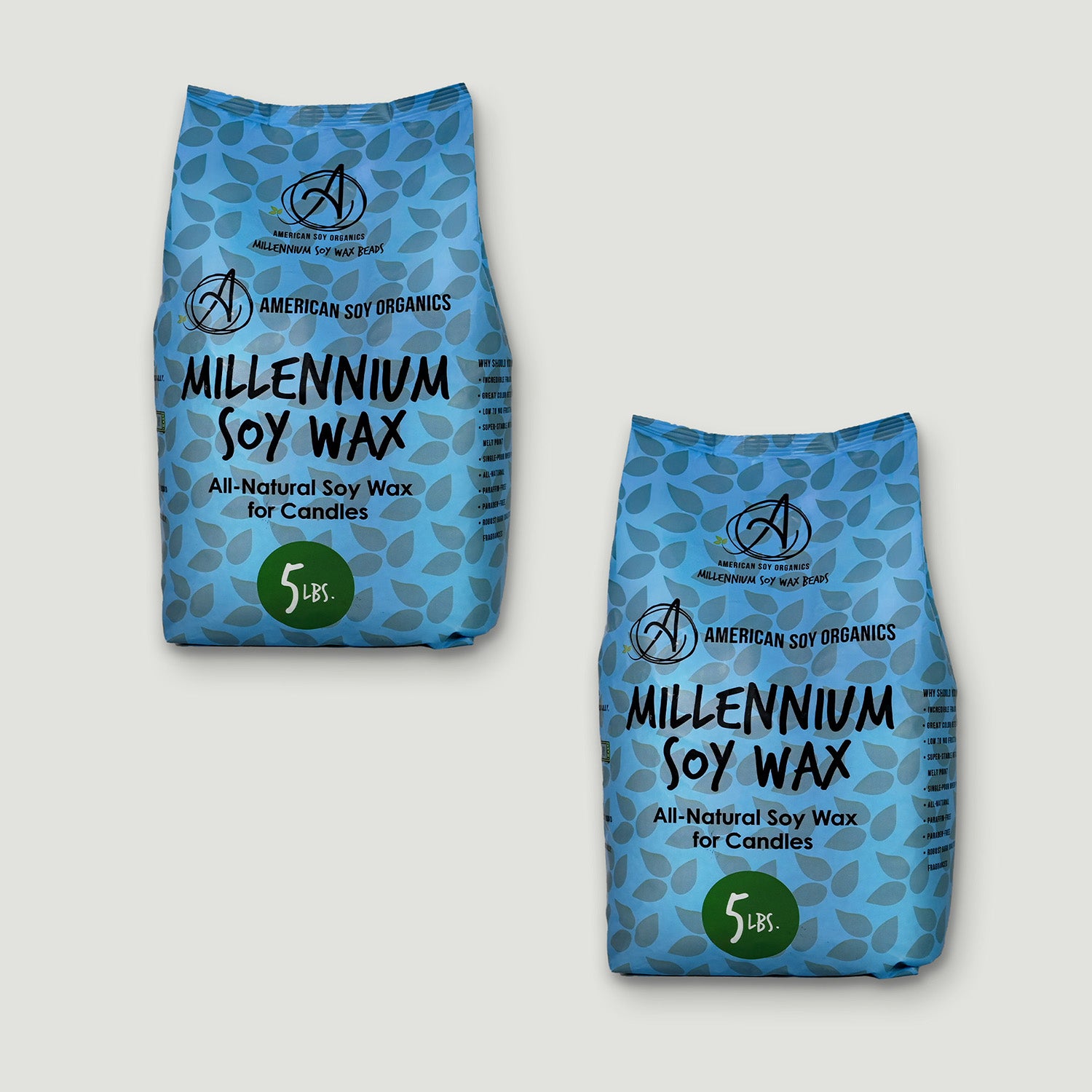 Two packages of American Soy Organics Millennium Soy Wax on a light gray background