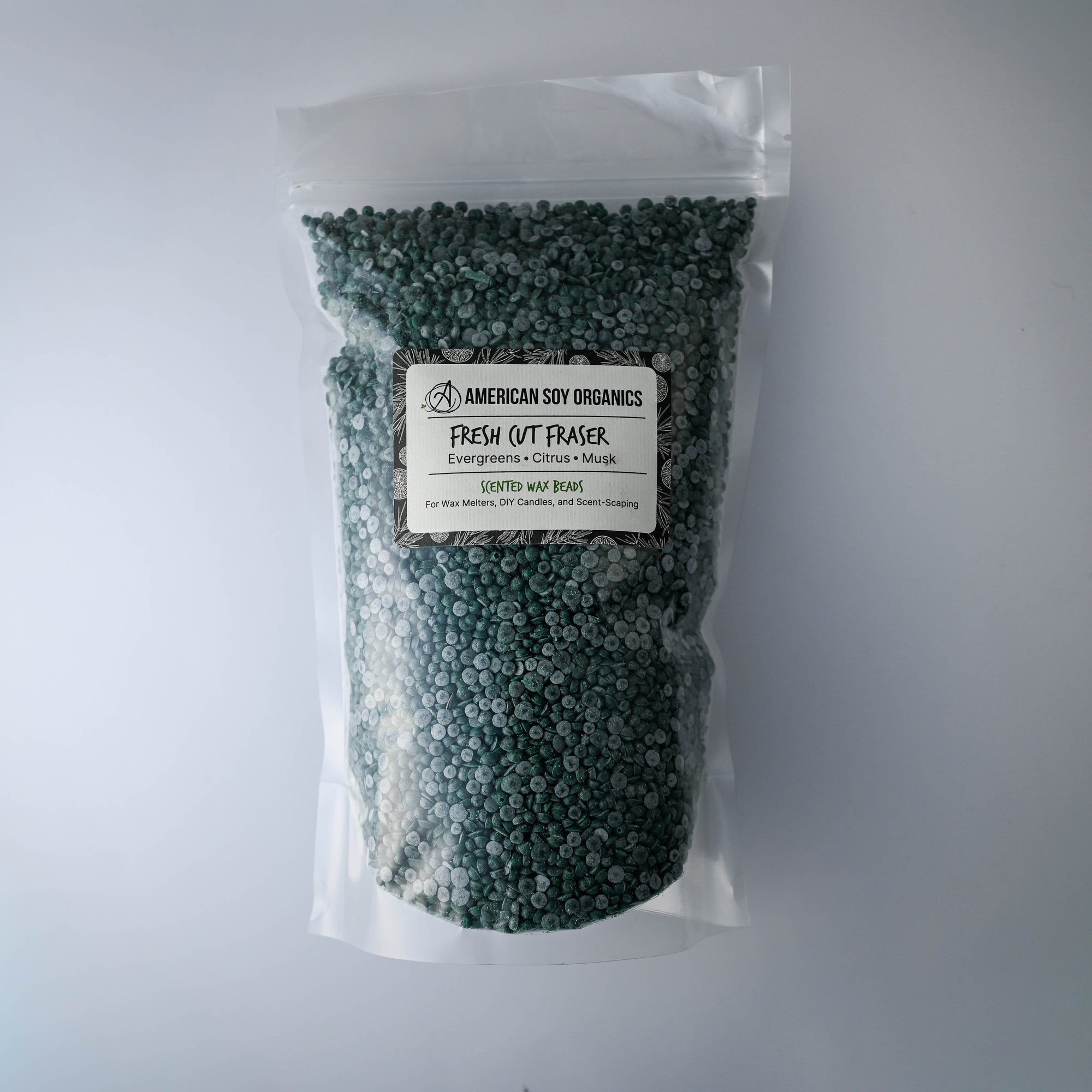 Bag of Fresh Cut Fraser American Soy Organics scented wax beads on a white background
