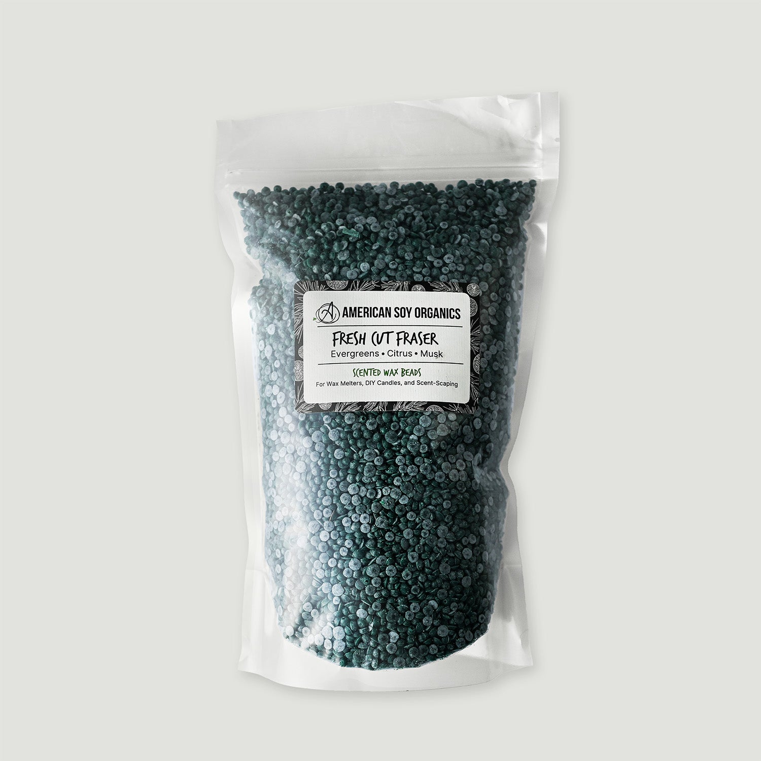 Bag of American Soy Organics wax beads on a white background