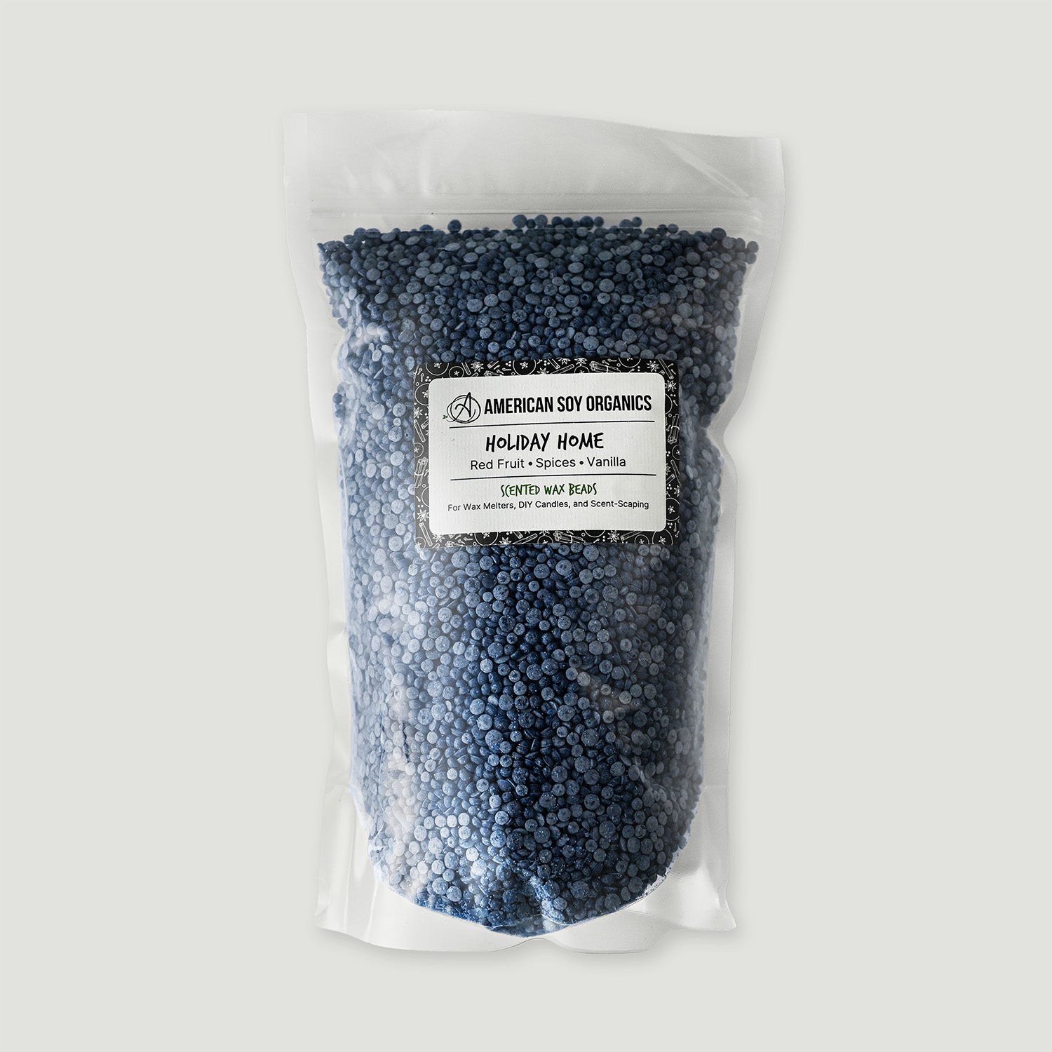 Bag of blue wax beads with an American Soy Organics label on a white background