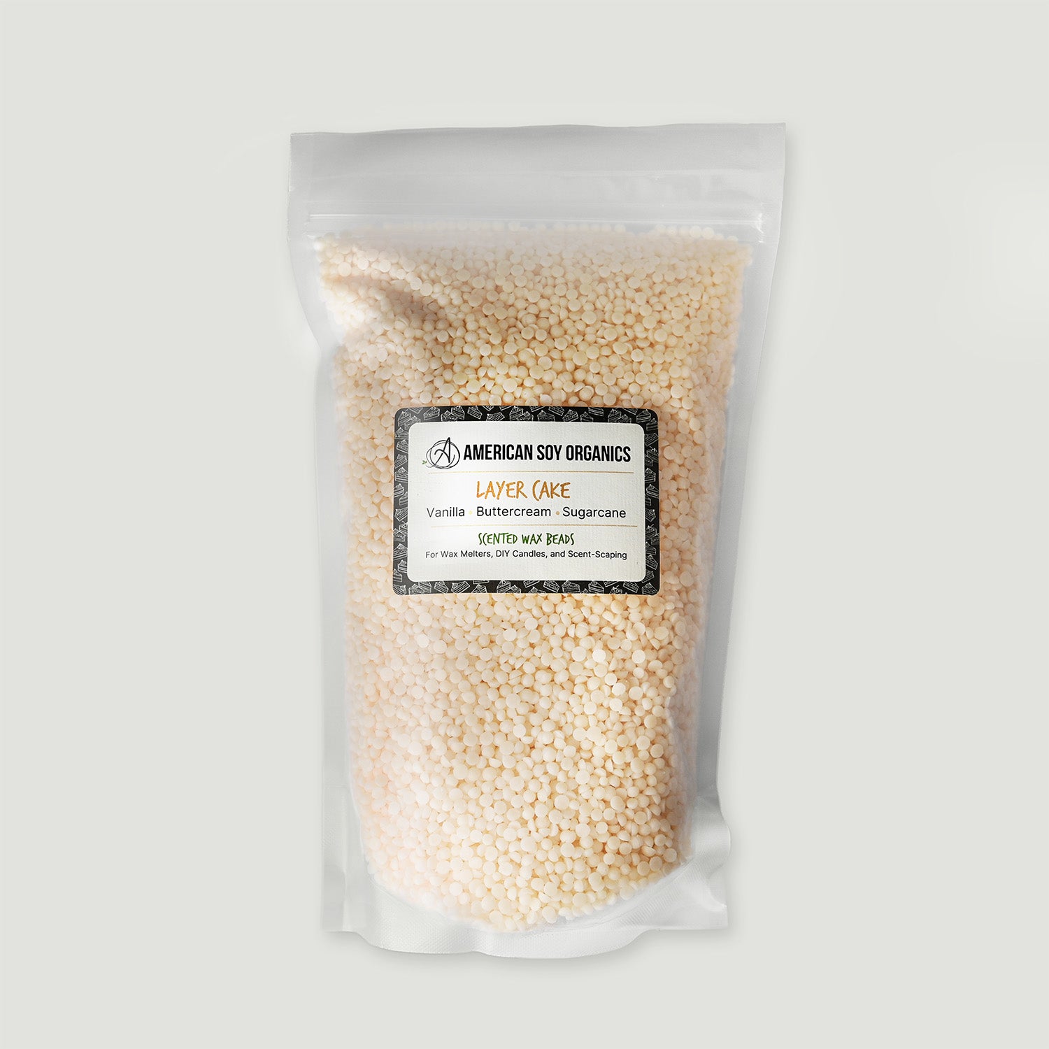 Bag of American Soy Organics layered cake wax on a light gray background
