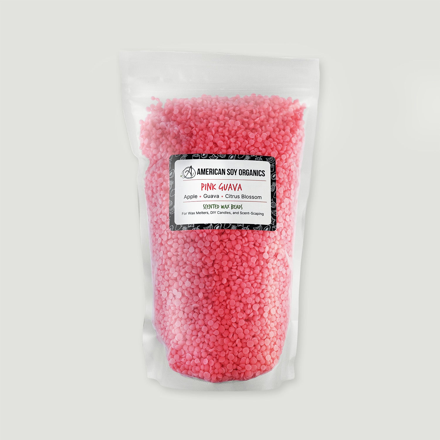 Bag of pink wax beads with an American Soy Organics label on a white background