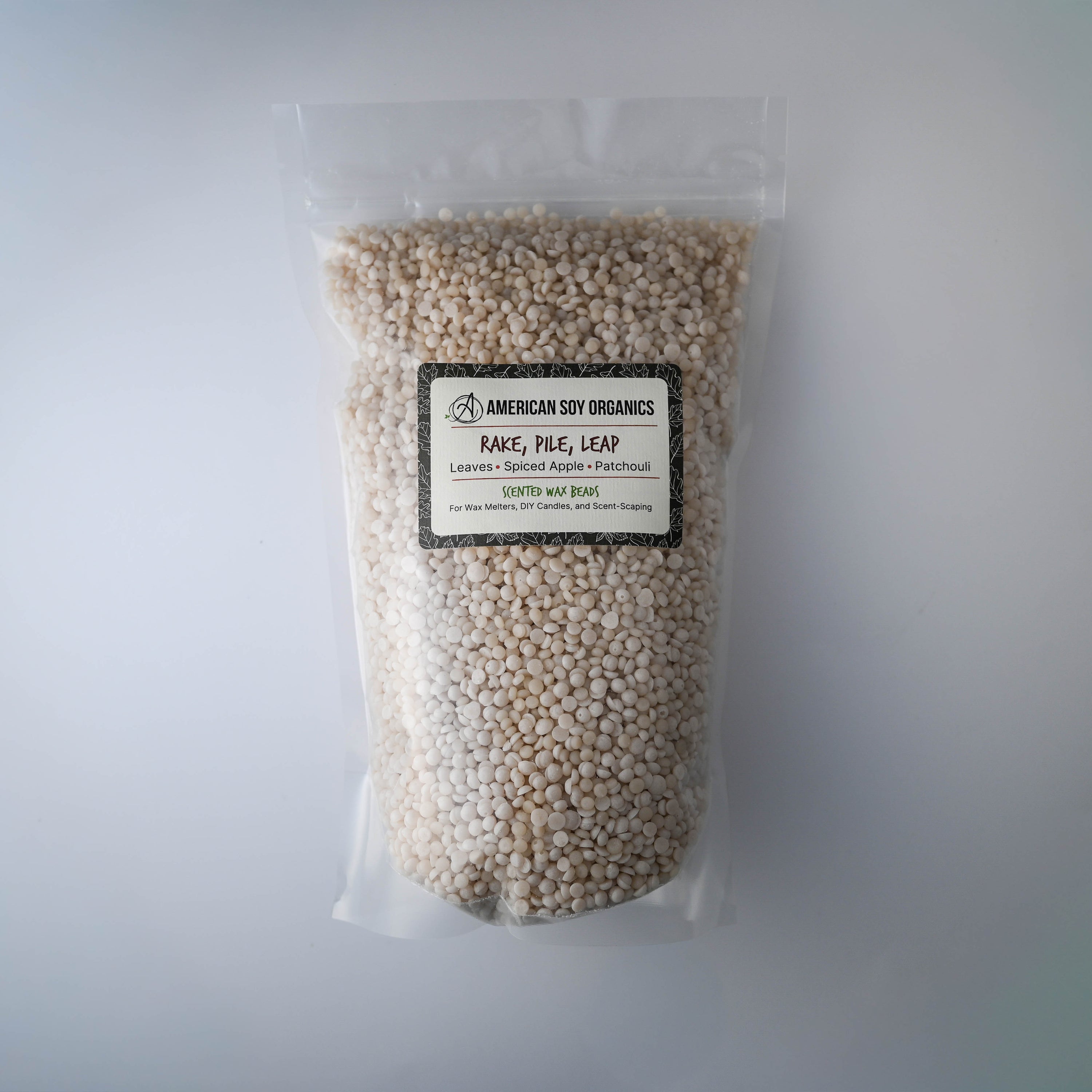 Bag of Rake, Pile, Leap American Soy Organics scented wax beads on a white background