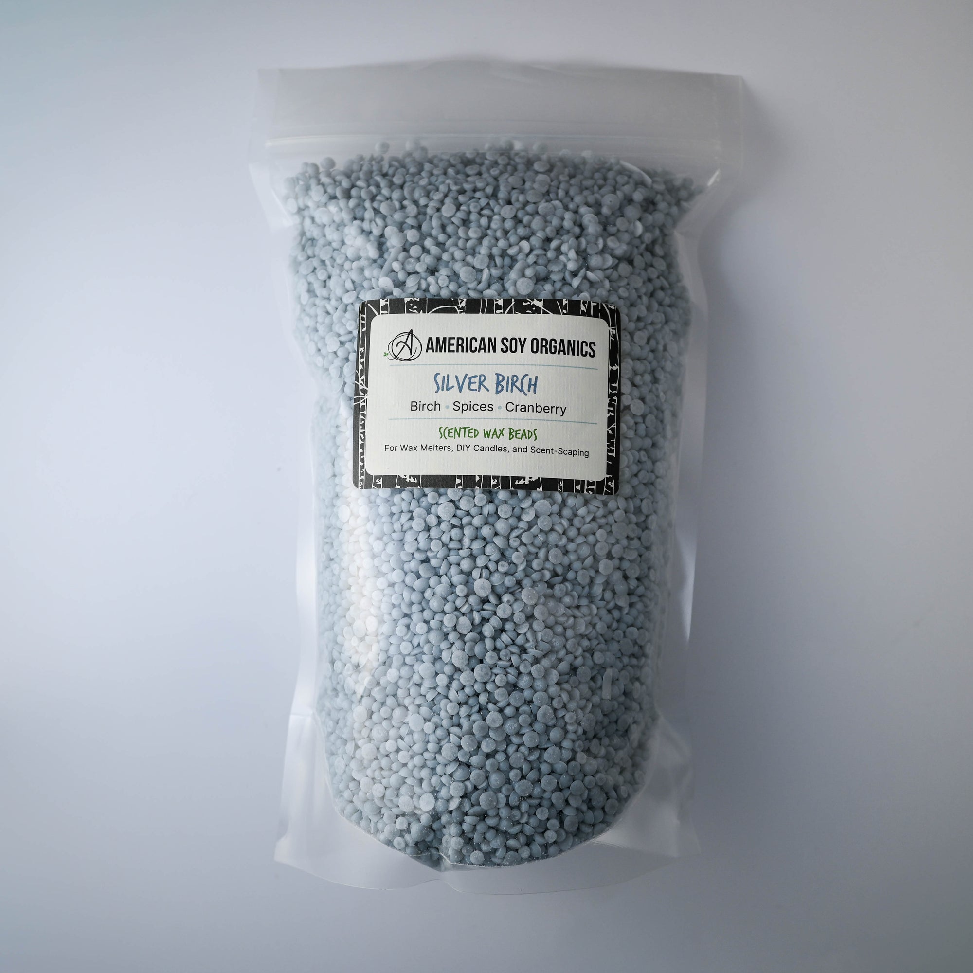 Bag of Silver Birch American Soy Organics scented wax beads on a white background