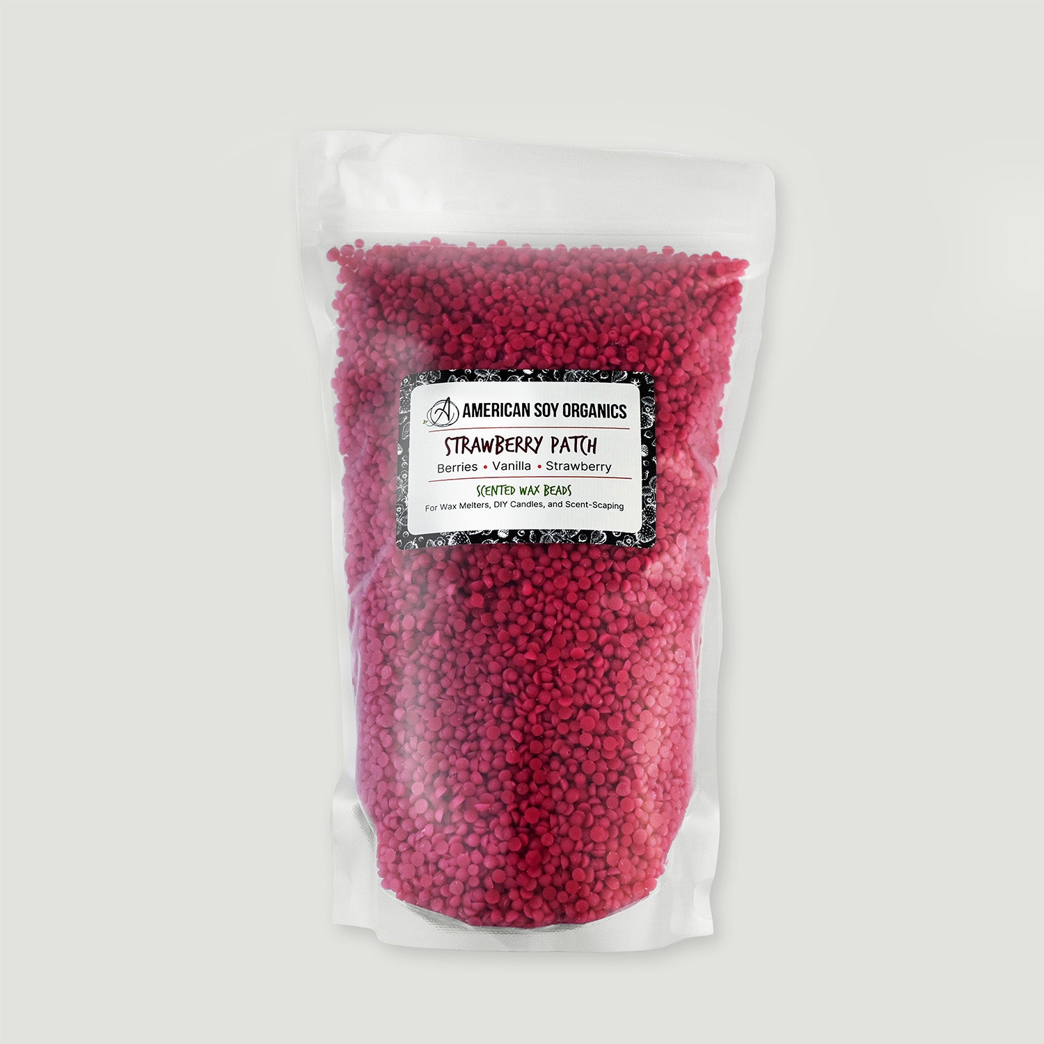 Bag of red scented wax beads with a label on a white background