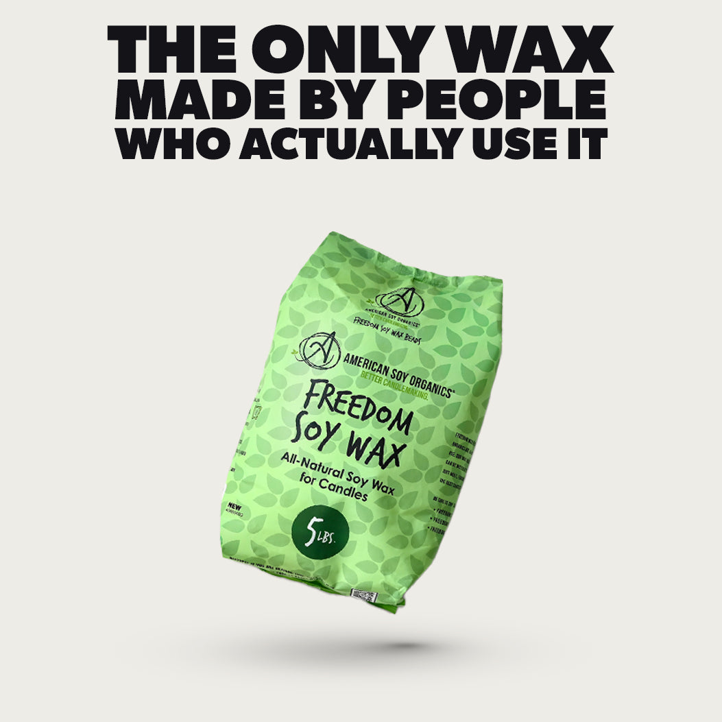 Green bag of Freedom Soy Wax with text on a light gray background