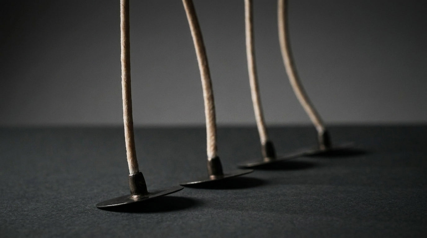 Four wicks with black circular bases, arranged in a row against a dark gray background.