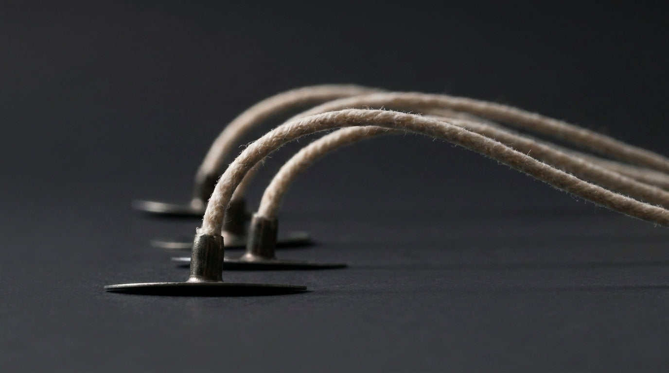 Four candle wicks arching over a dark black surface, each attached to metal tabs.